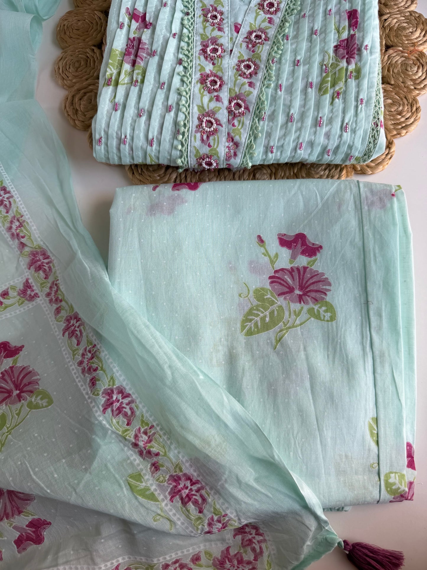 K059 - Mul cotton embroidered Anarkali with pants and dupatta