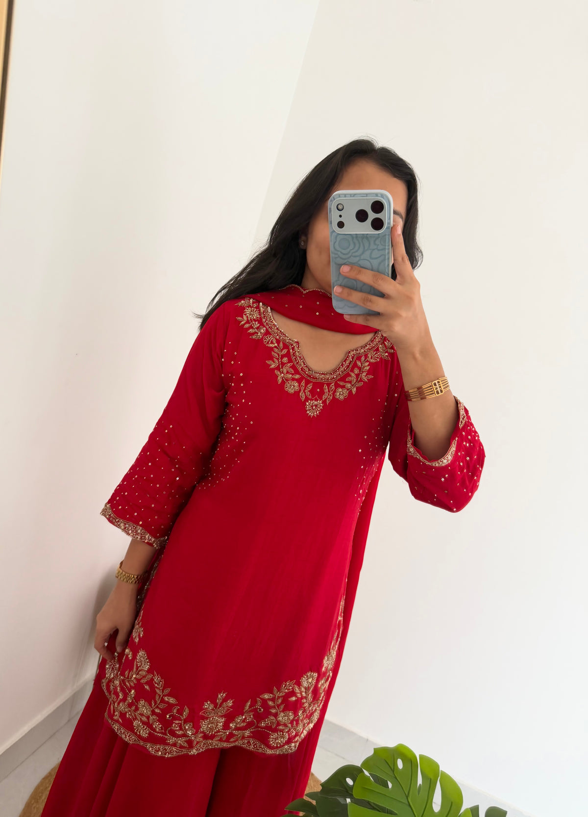 K195 - Russian silk handwork short Kurti with divider pants and dupatta