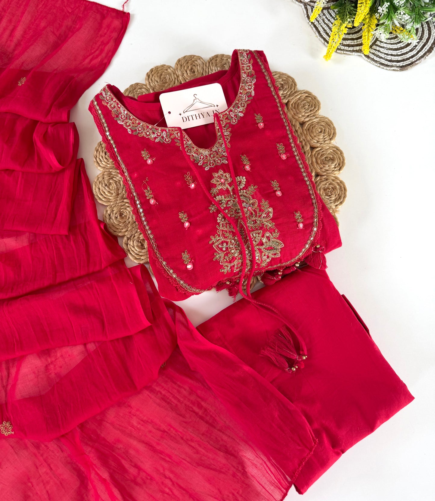 K676 - Mul cotton embroidered Anarkali with pants and dupatta