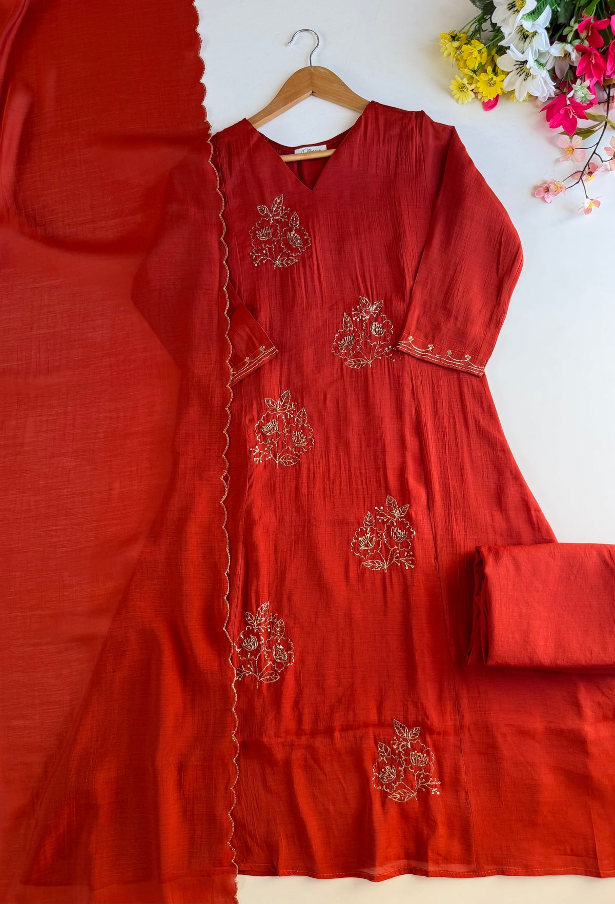 K306 - Surat Mul chanderi dabka work aline Kurti with pants and dupatta