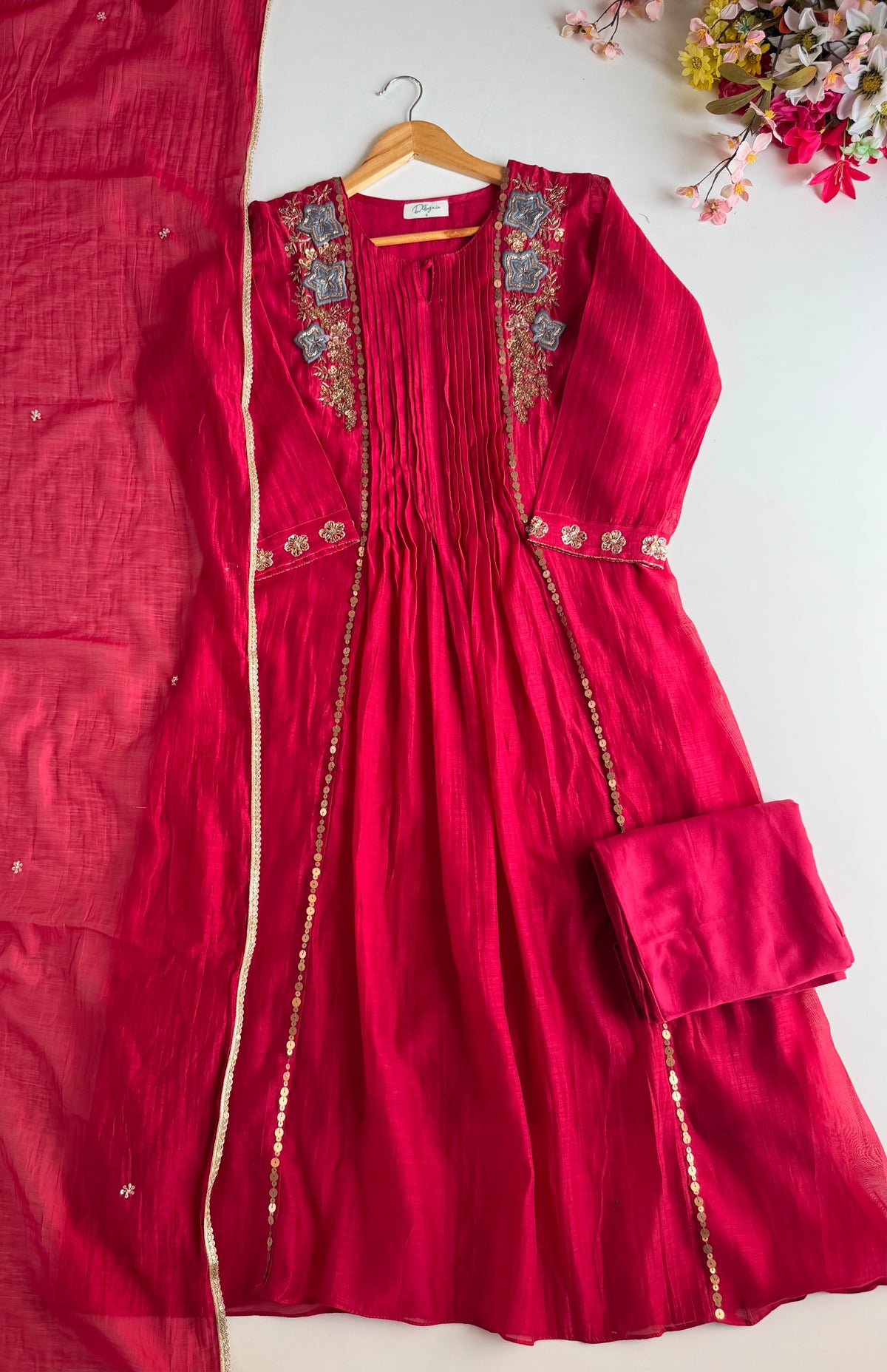 K271 - Mul chanderi handwork Anarkali with pants and dupatta