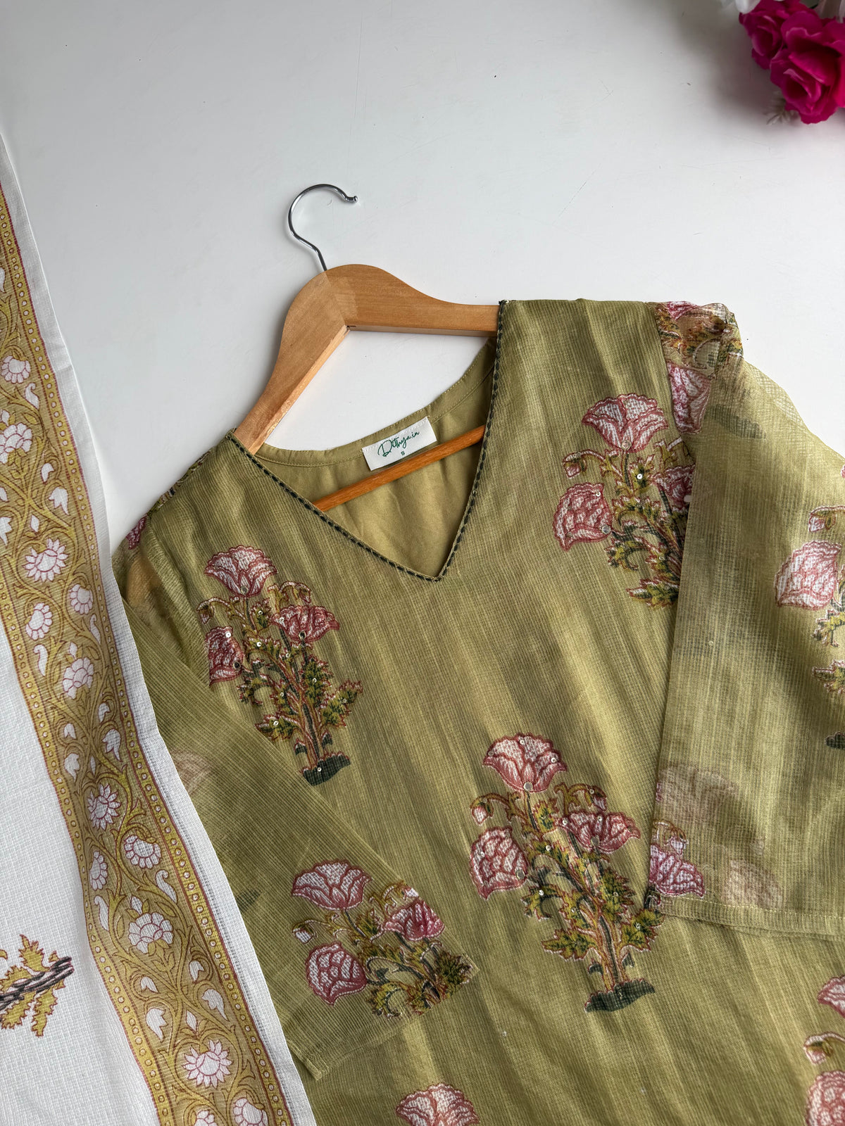 K601-Kota doriya embroidered straight Kurti with pants and dupatta