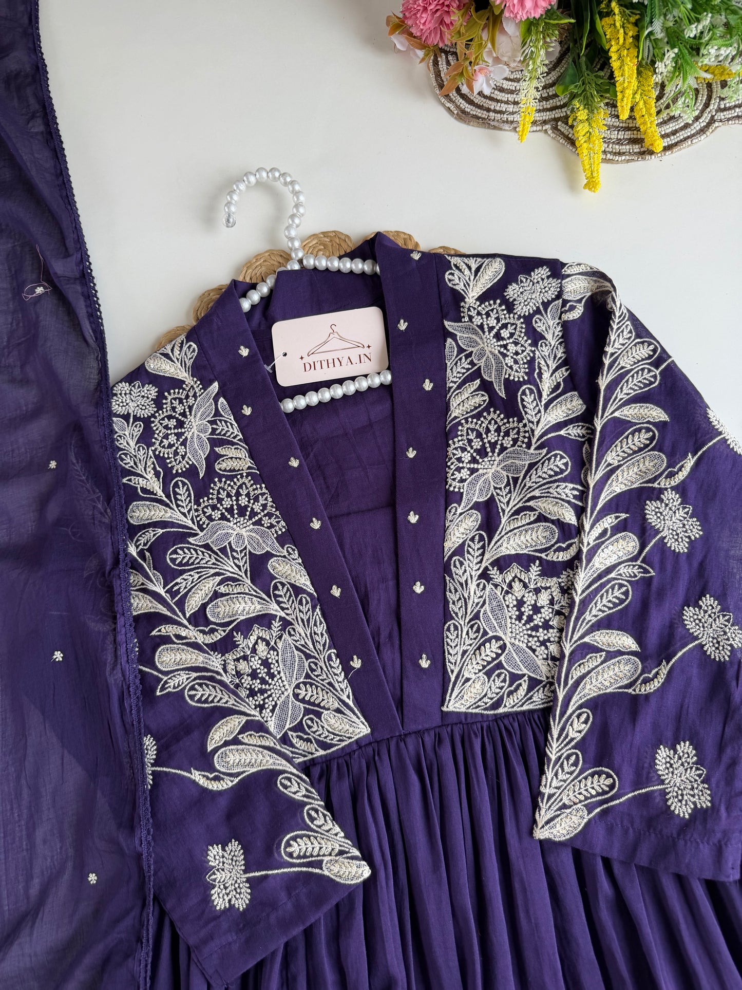 K650 - Mul cotton embroidered Anarkali with pants and dupatta