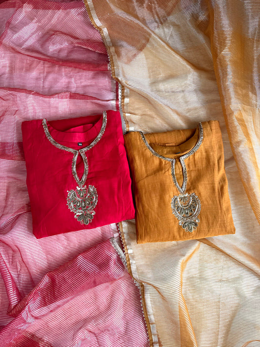 K035 - Mul Chanderi Handwork Aline Kurti with pants and dupatta in 2 colours
