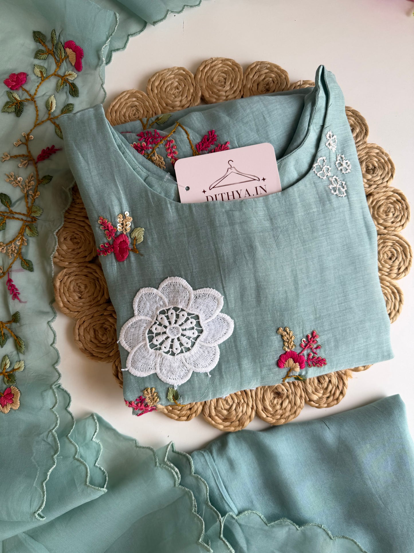K411 - Mul chanderi appliqué embroidered Aline Kurti with pants and dupatta