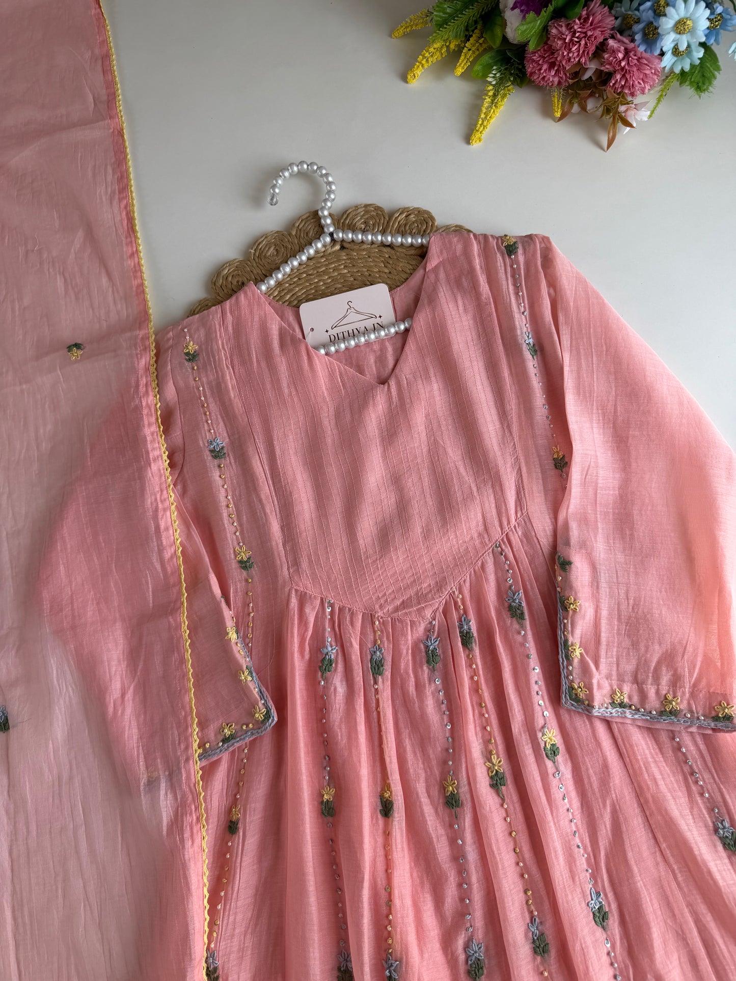 K632 - Mul chanderi embroidered Anarkali with pants and dupatta