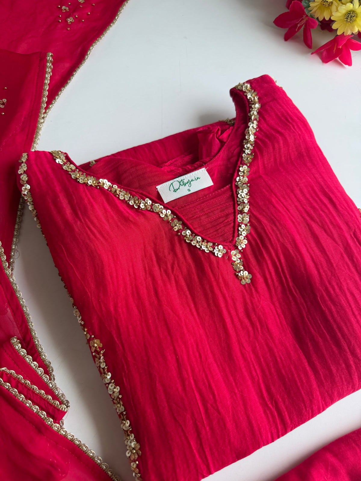 K406 - Banarasi Mul chanderi handwork aline Kurti with pants and dupatta