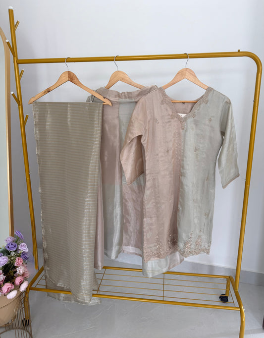 K442 - Glass tissue silk handwork short Kurti with skirt and dupatta