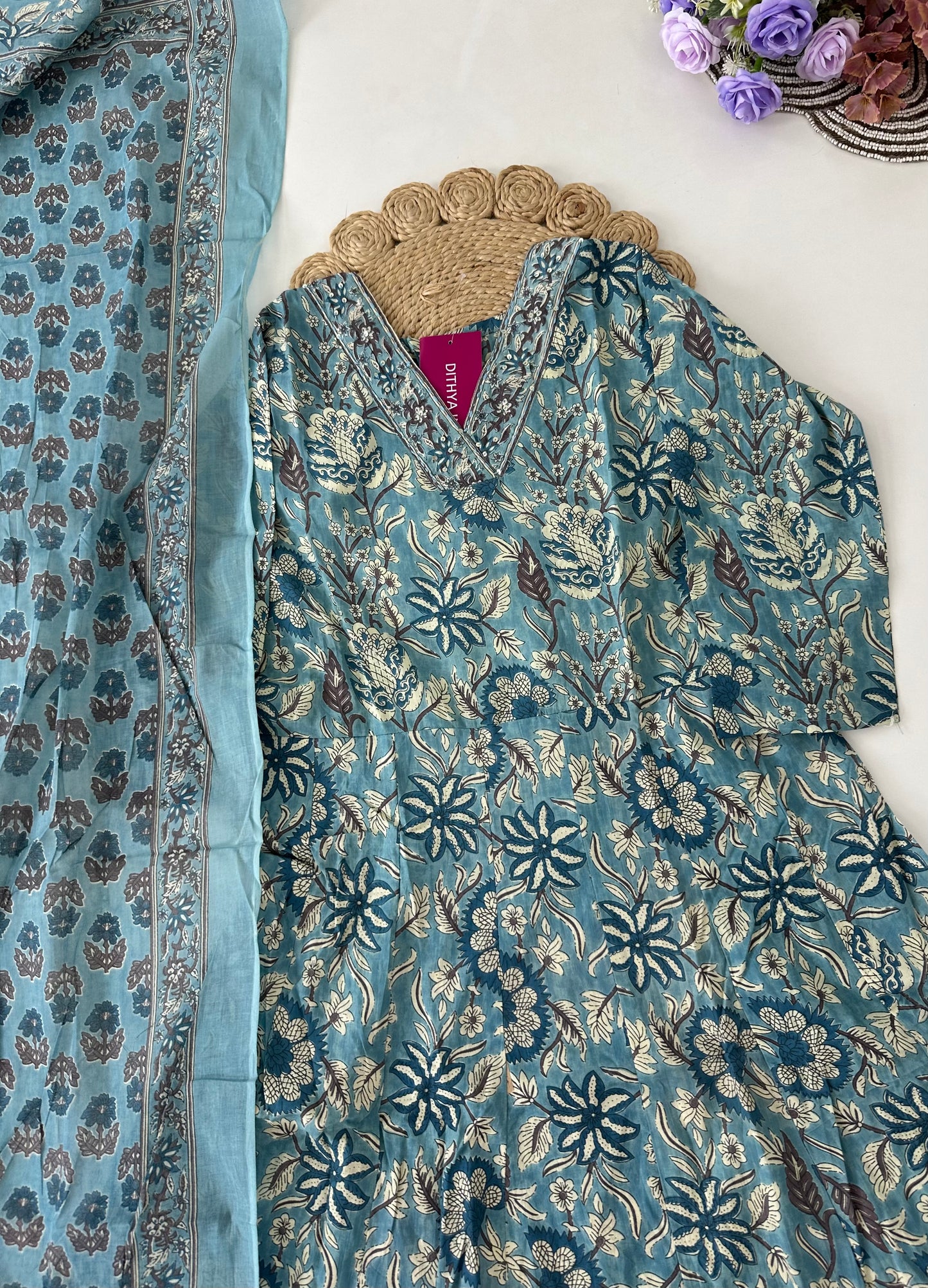 K103 - Cotton floral Anarkali with pants and dupatta