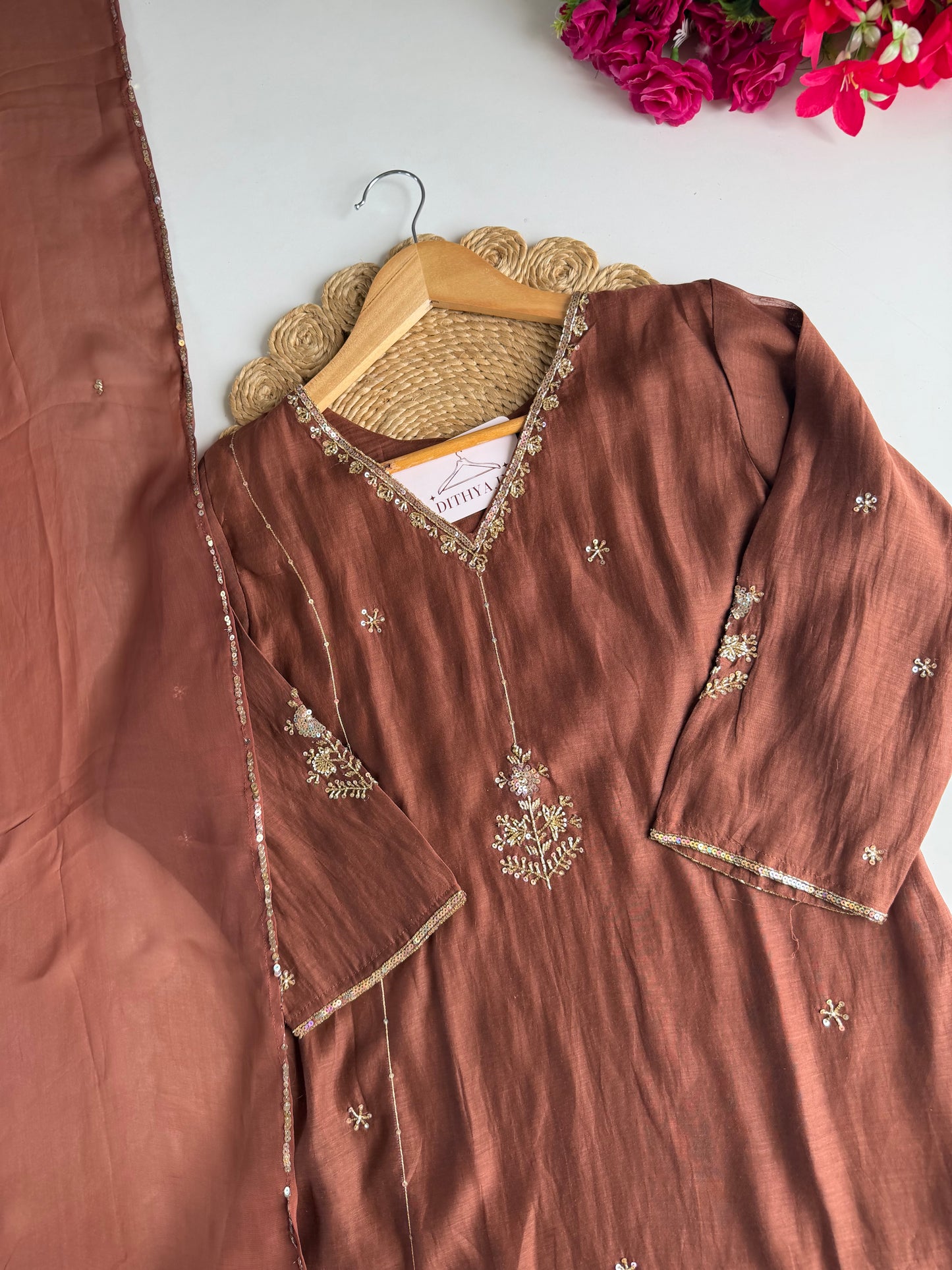 K544 - Mul Chanderi Handwork aline Kurti with pants and dupatta