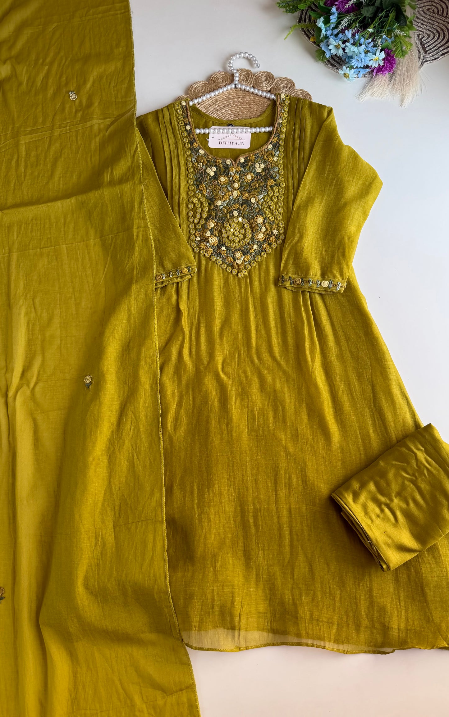 K604 - Mul chanderi embroidered Aline Kurti with pants and dupatta