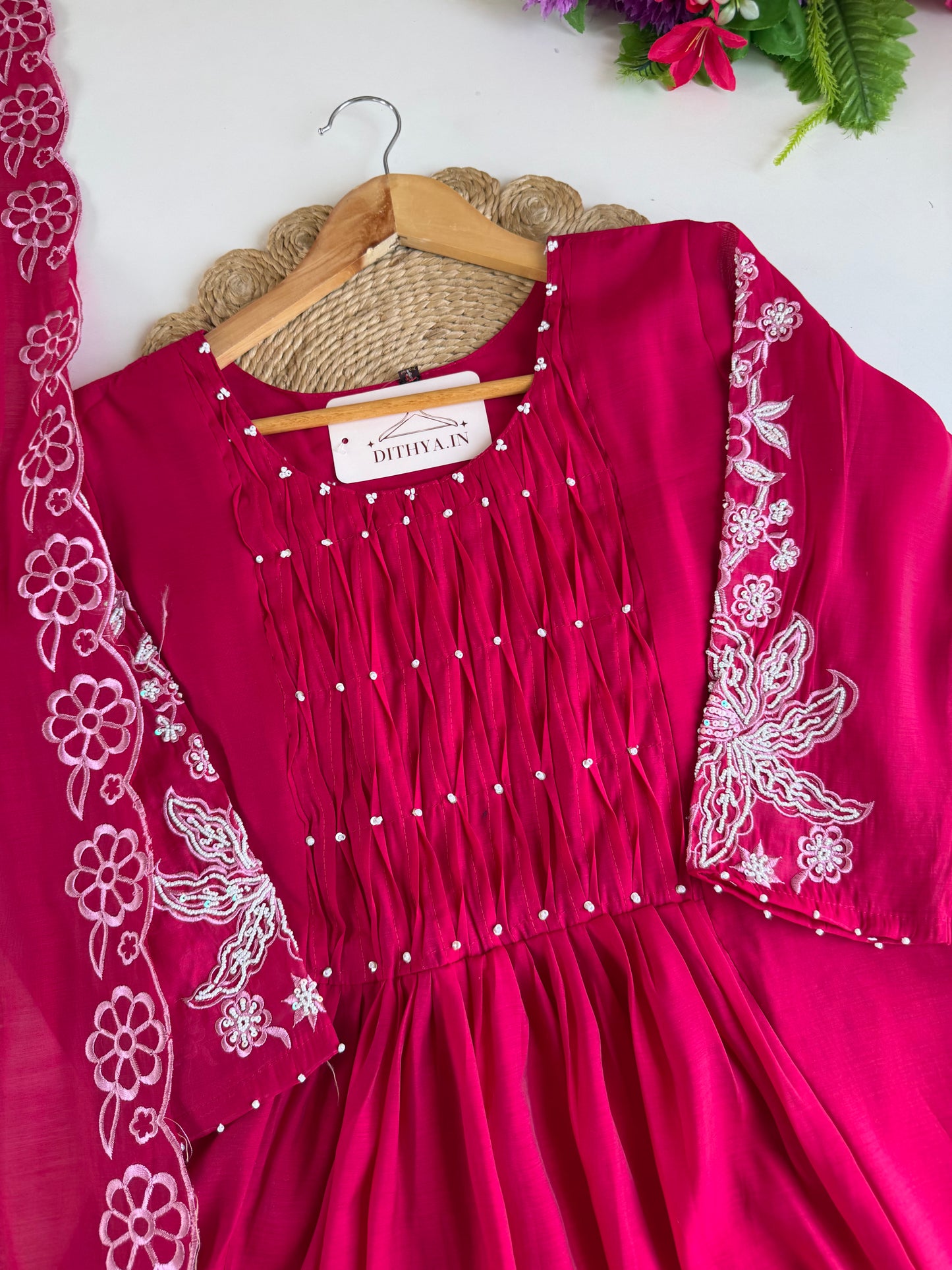 K040 - Surat Mul chanderi embroidered Anarkali with pants and dupatta in 2 colours