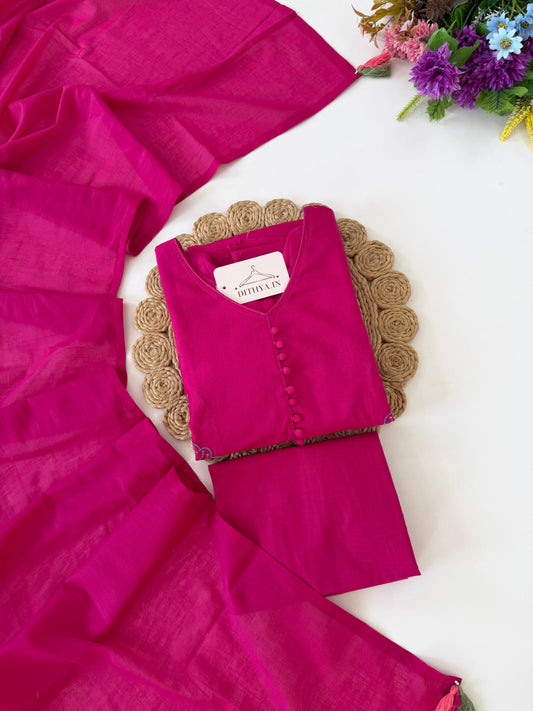 K010 - Mul cotton embroidered Aline Kurti with pants and dupatta