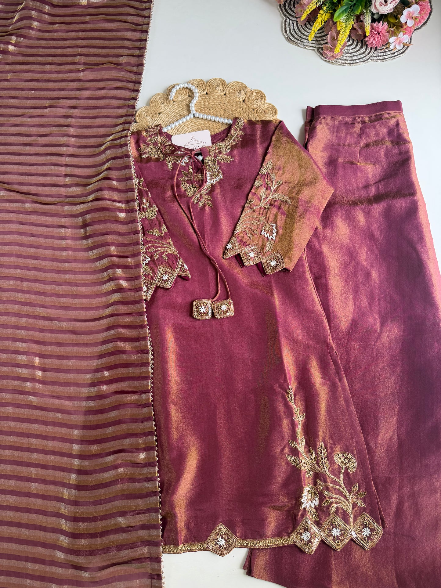 K357 - Shimmer tissue silk handwork short Kurti with divider pants and dupatta