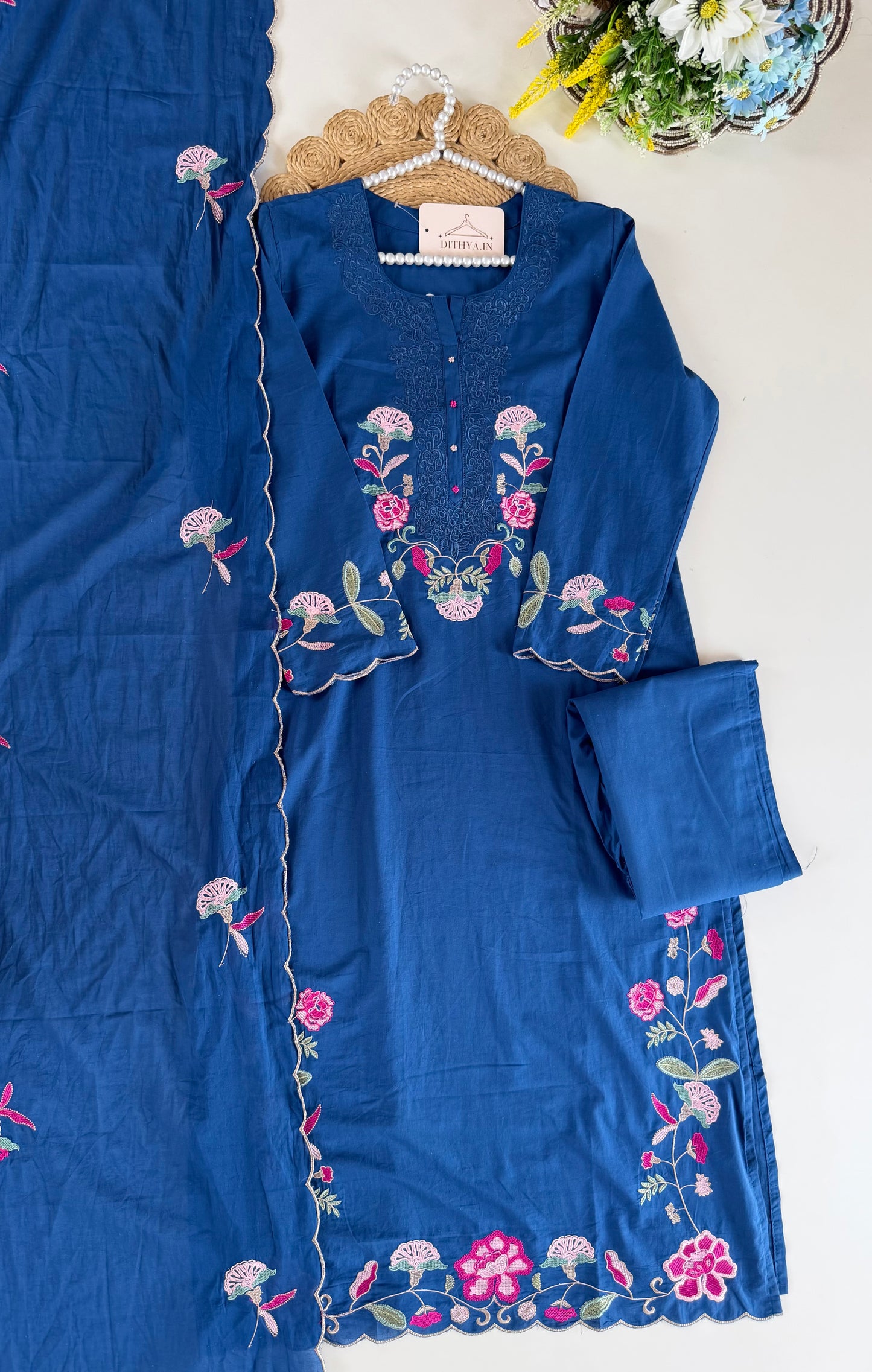 K679 - Mul cotton embroidered straight Kurti with pants and dupatta