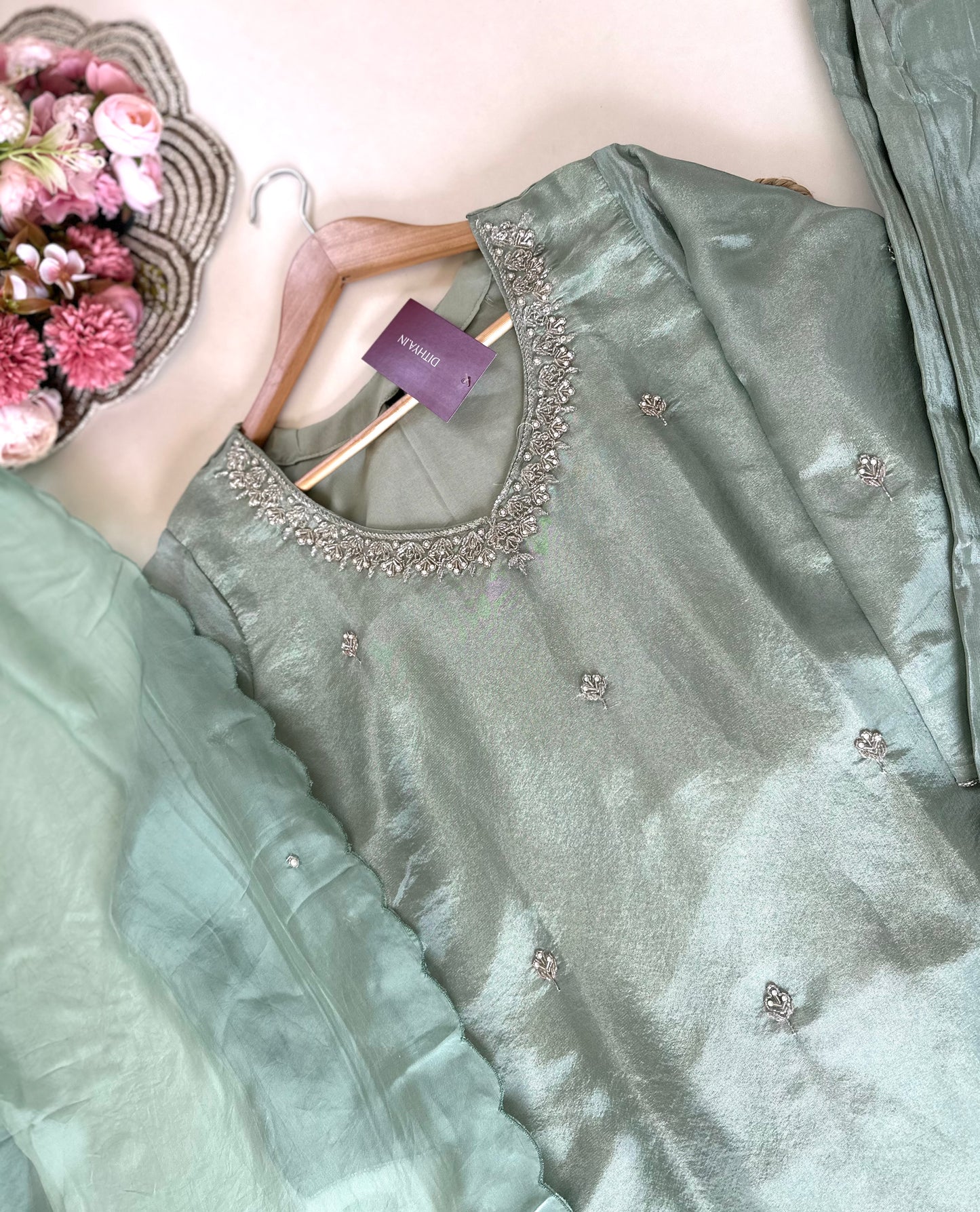 K069 - Tissue silk handwork straight Kurti with pants and dupatta .