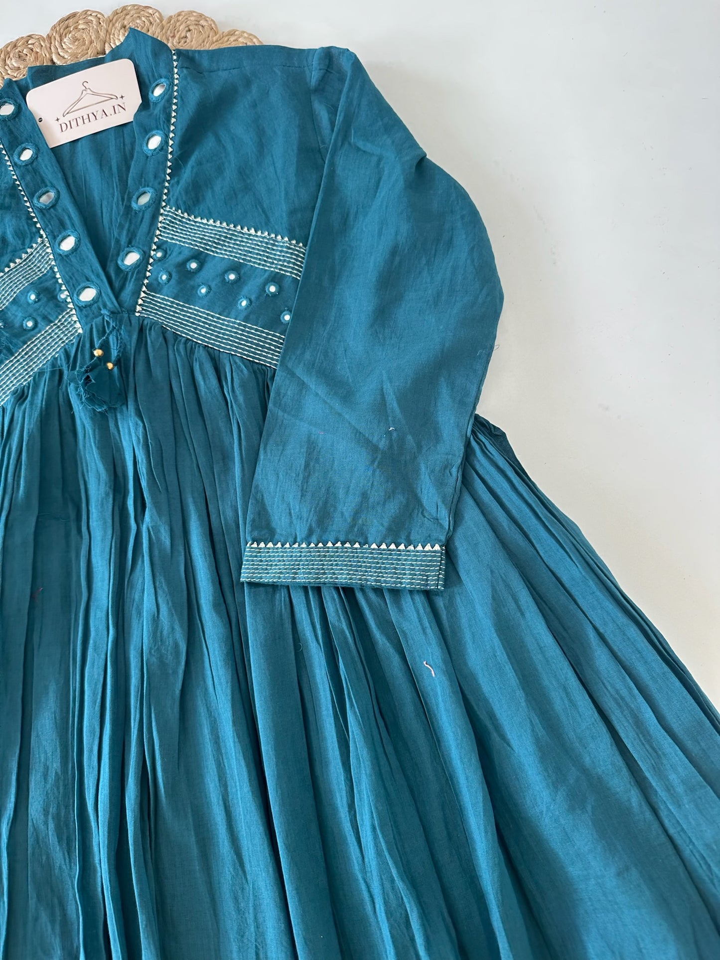 K387 - Mul cotton mirror work Anarkali with pants and dupatta