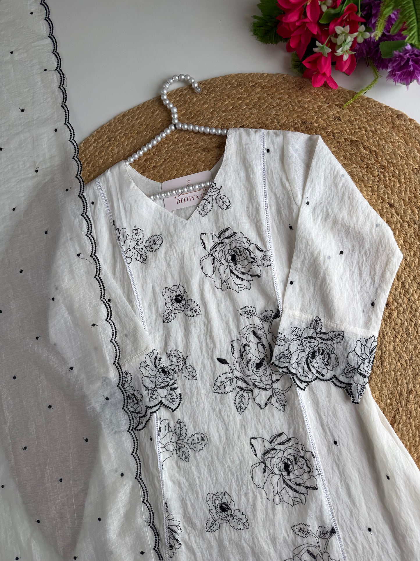 K065 - Crushed Surat Mul chanderi embroidered Aline Kurti with pants and dupatta