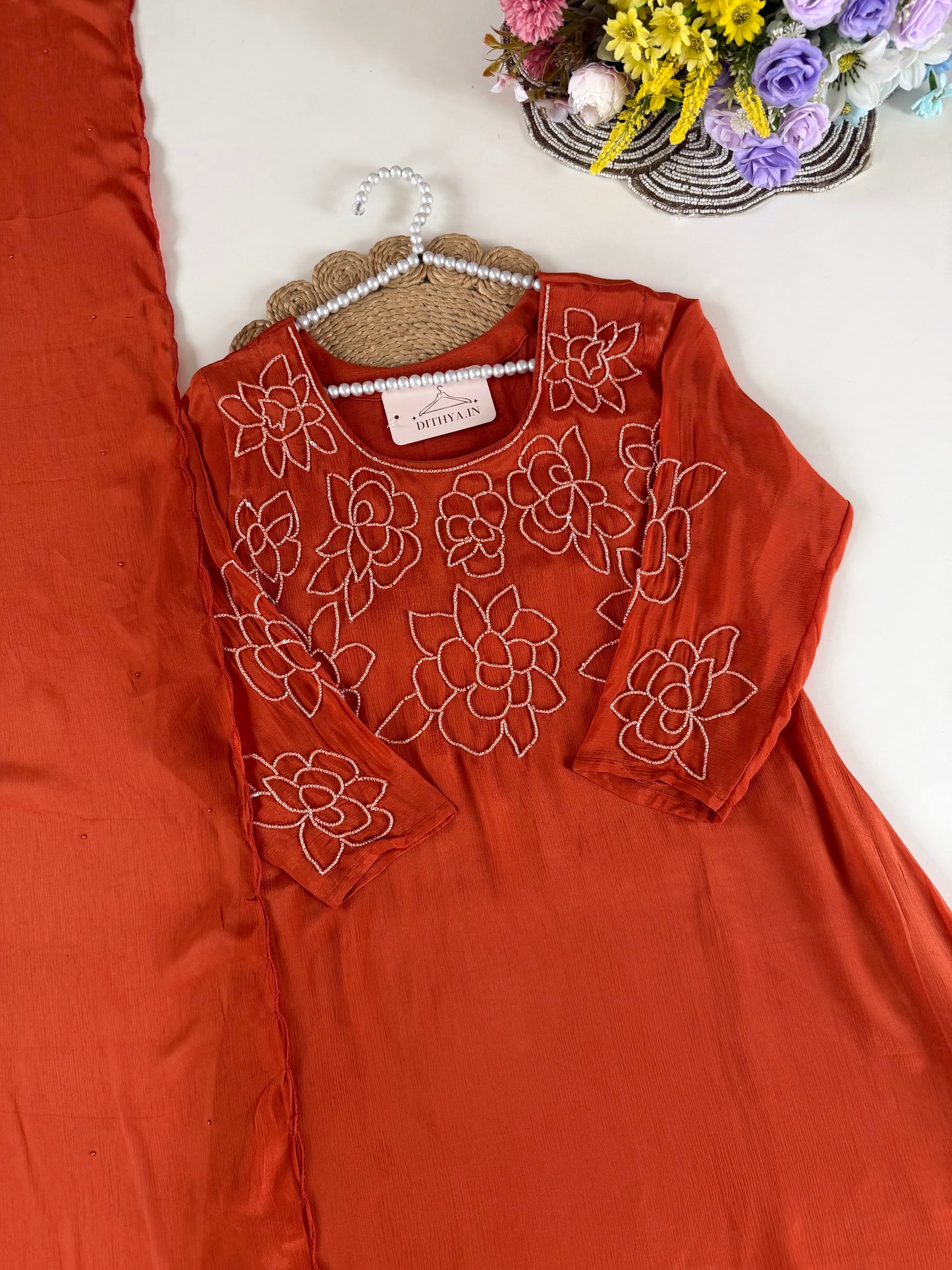 K585 - Pure Chinnon pearl work aline Kurti with pants and dupatta