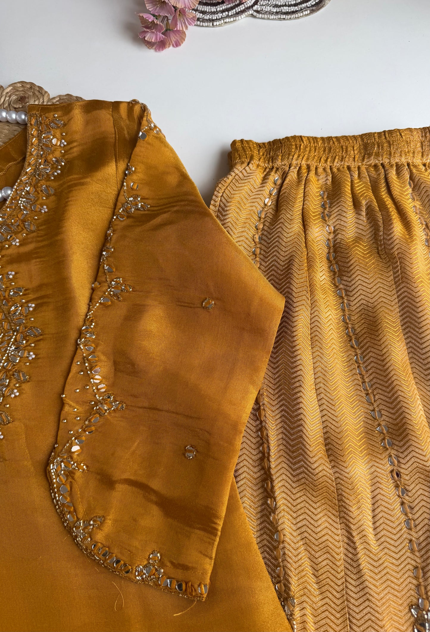 K553 - Tissue silk handwork short Kurti with divider pants and dupatta