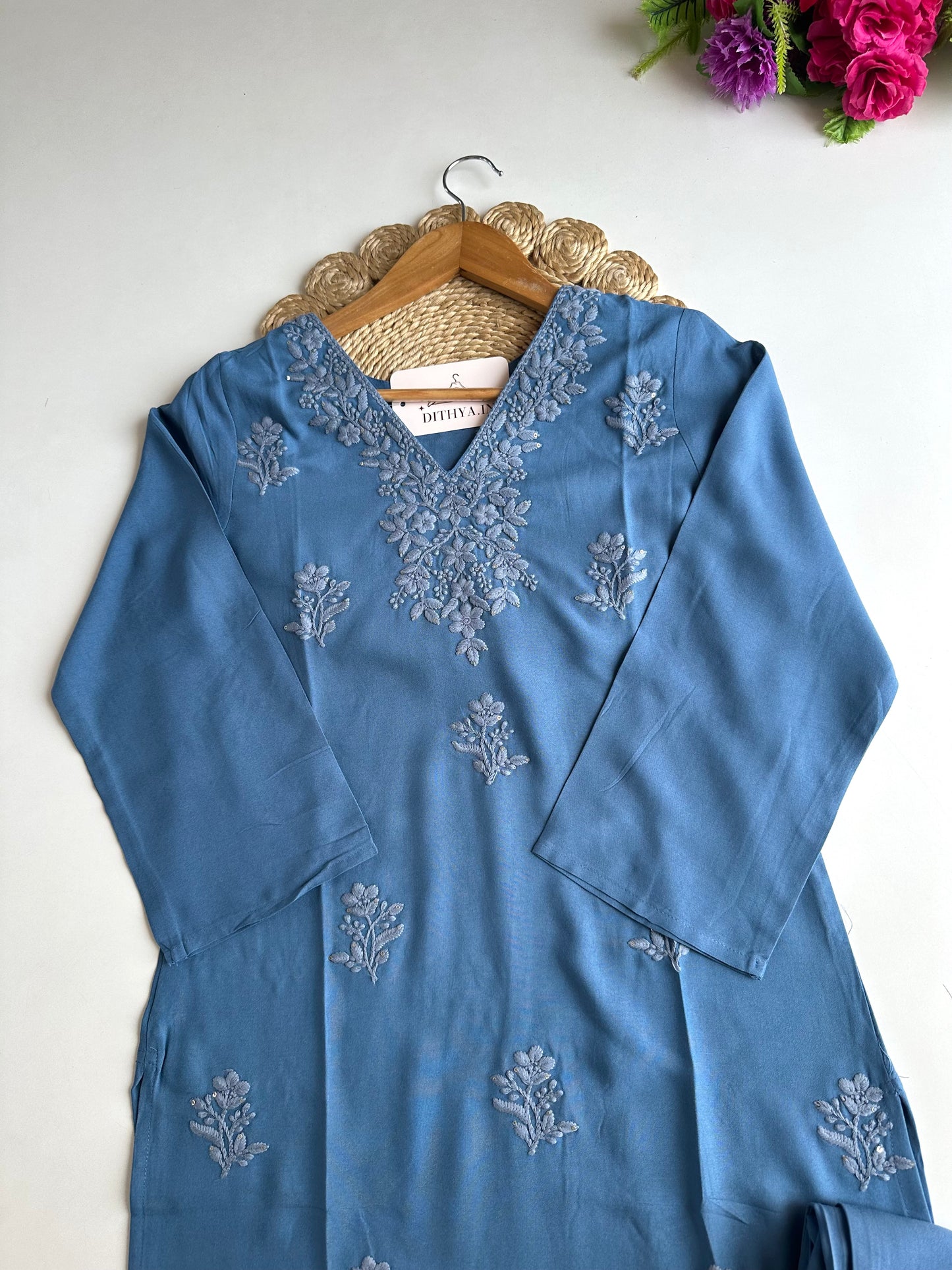 K247 - Mul cotton embroidered straight Kurti with pants