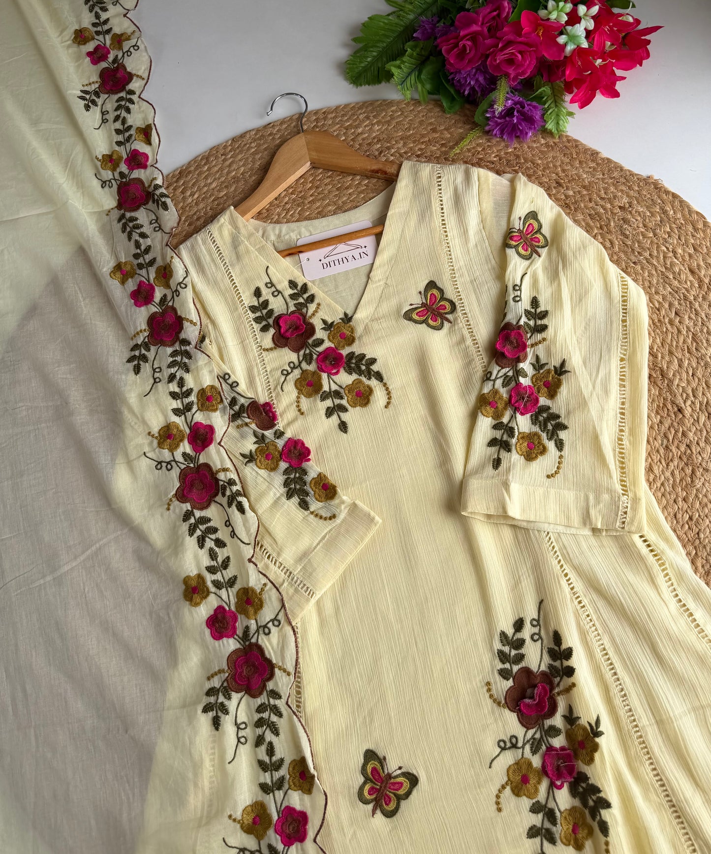 K018 - Crushed cotton 3D embroidered Anarkali with pants and dupatta