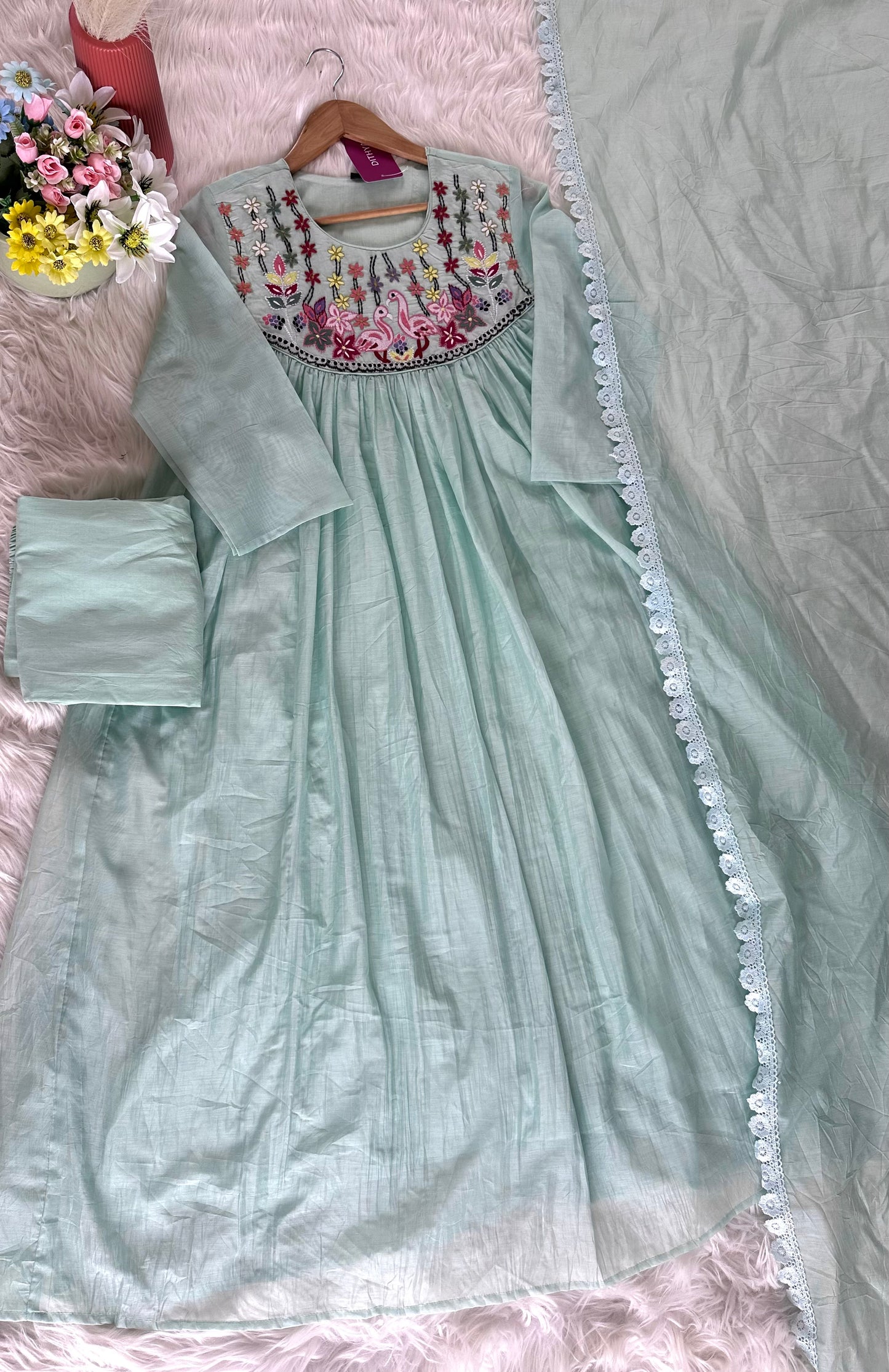K376 - Mul Chanderi embroidered Aline Kurti with pants and dupatta