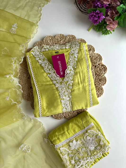K355 - Russian silk embroidered Aline Kurti with pants and dupatta