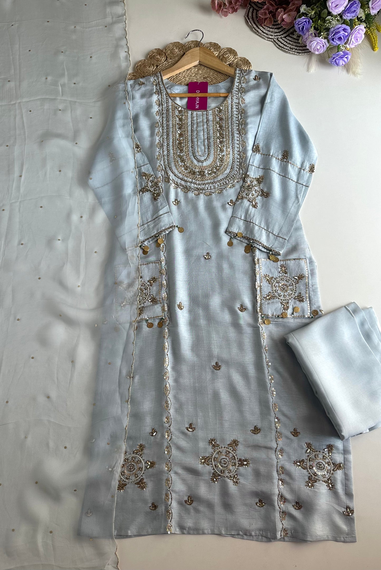 K188 - Russian silk handwork straight Kurti with pants and dupatta in 2 colours
