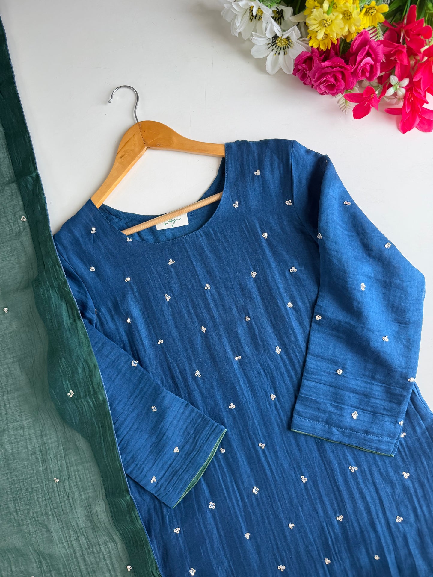 K345 - Mul chanderi handwork aline Kurti with pants and dupatta in 2 colours