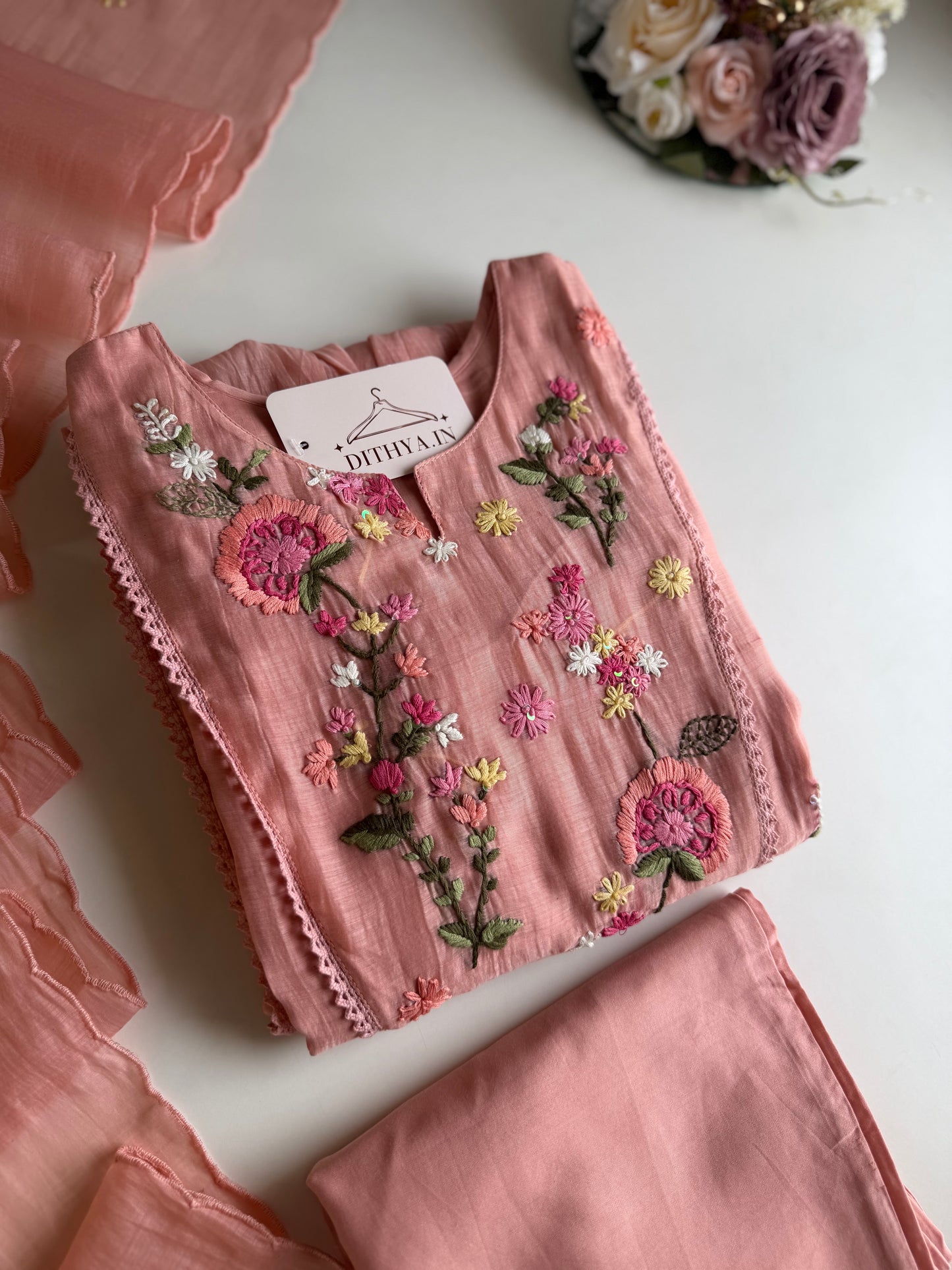 K456 - Mul chanderi embroidered Anarkali with pants and dupatta