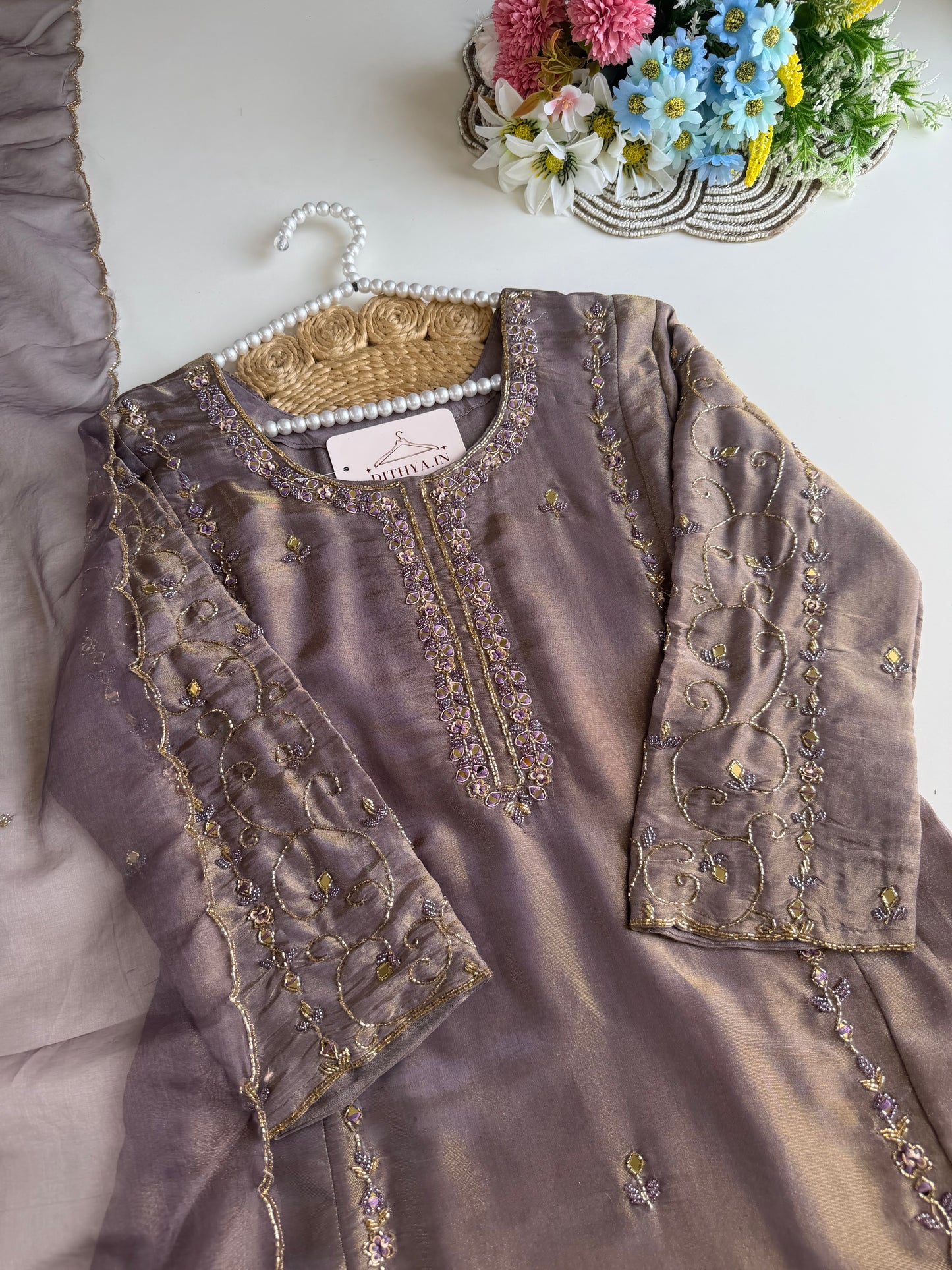 K635 - Tissue silk handwork Anarkali with pants and dupatta