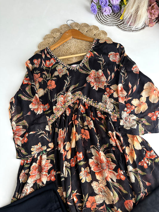 D154 - Chinnon Silk Alia cut Anarkali with pants and dupatta