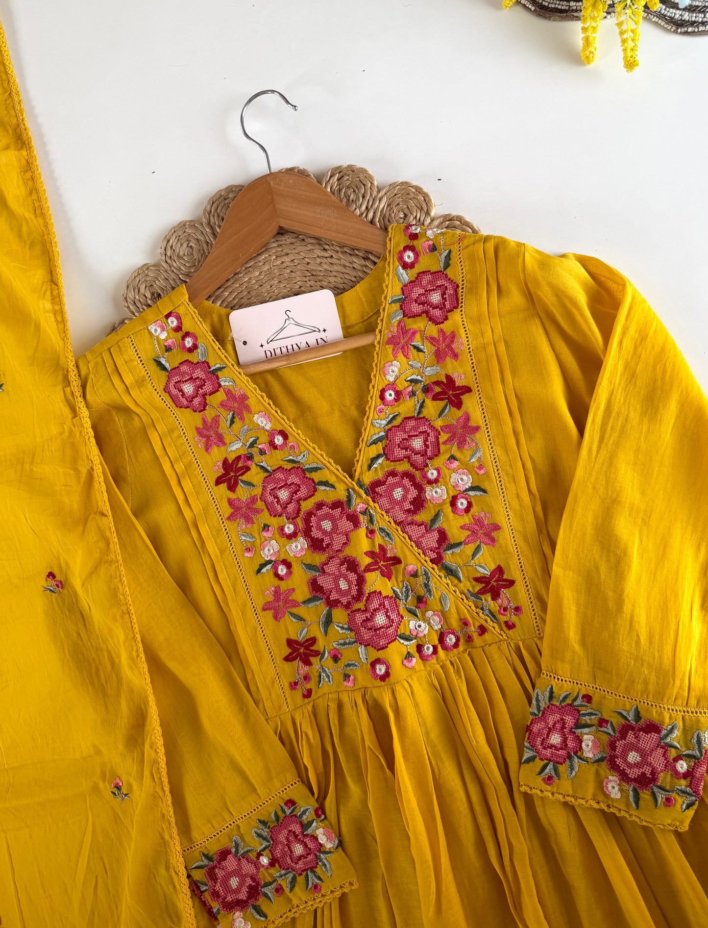 K476 - Mul Mul cotton embroidered Anarkali with pants and dupatta in 2 colours