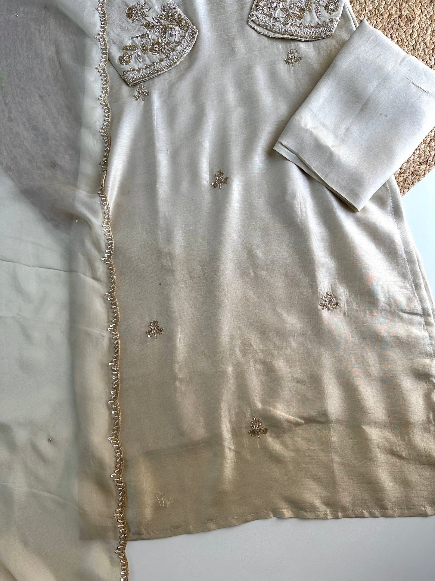 K415 - Russian silk handwork straight Kurti with pants and dupatta