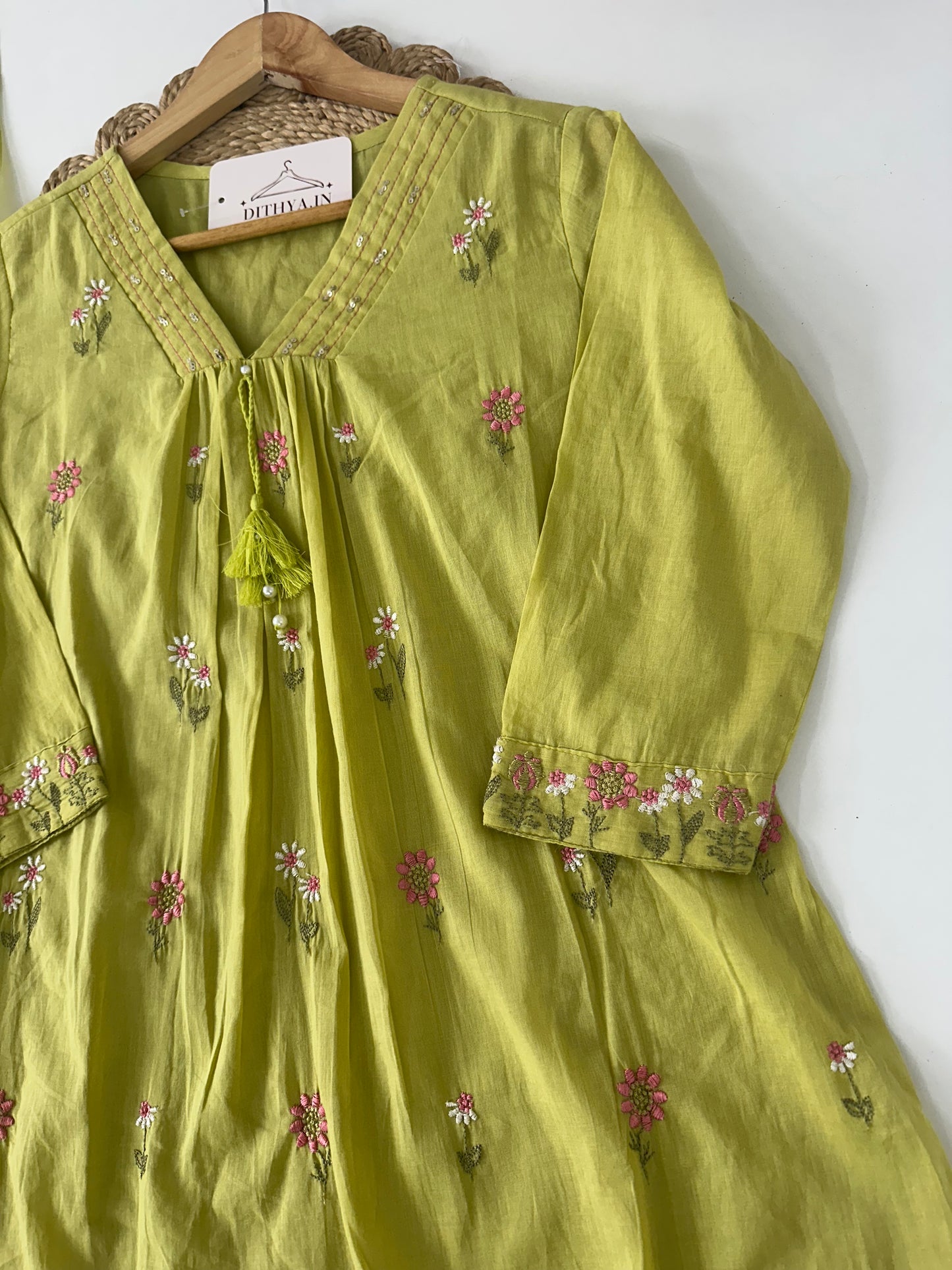 K395 - Mul cotton embroidered Aline Kurti with pants and dupatta in 3 colours