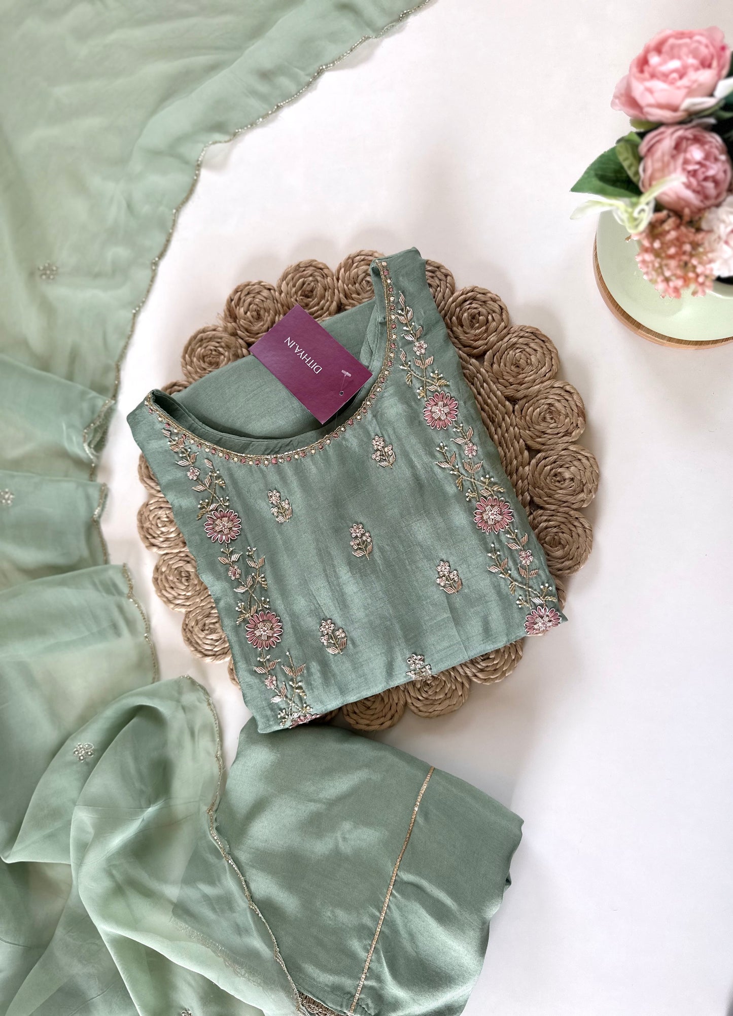 K326 - Handwork Russian silk kurti with palazzo and dupatta .