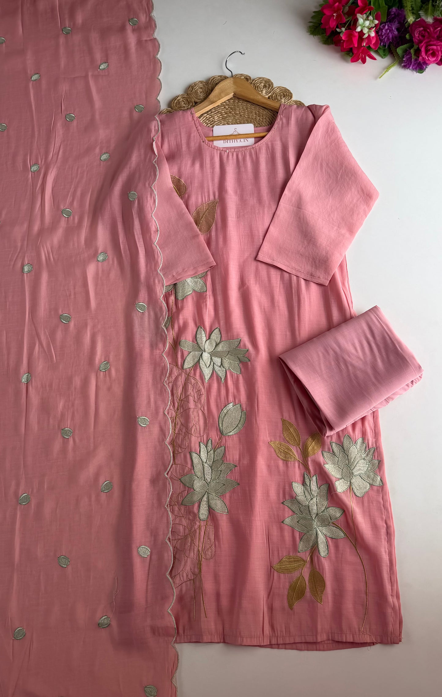 K486 - Muslin embroidered straight Kurti with pants and dupatta