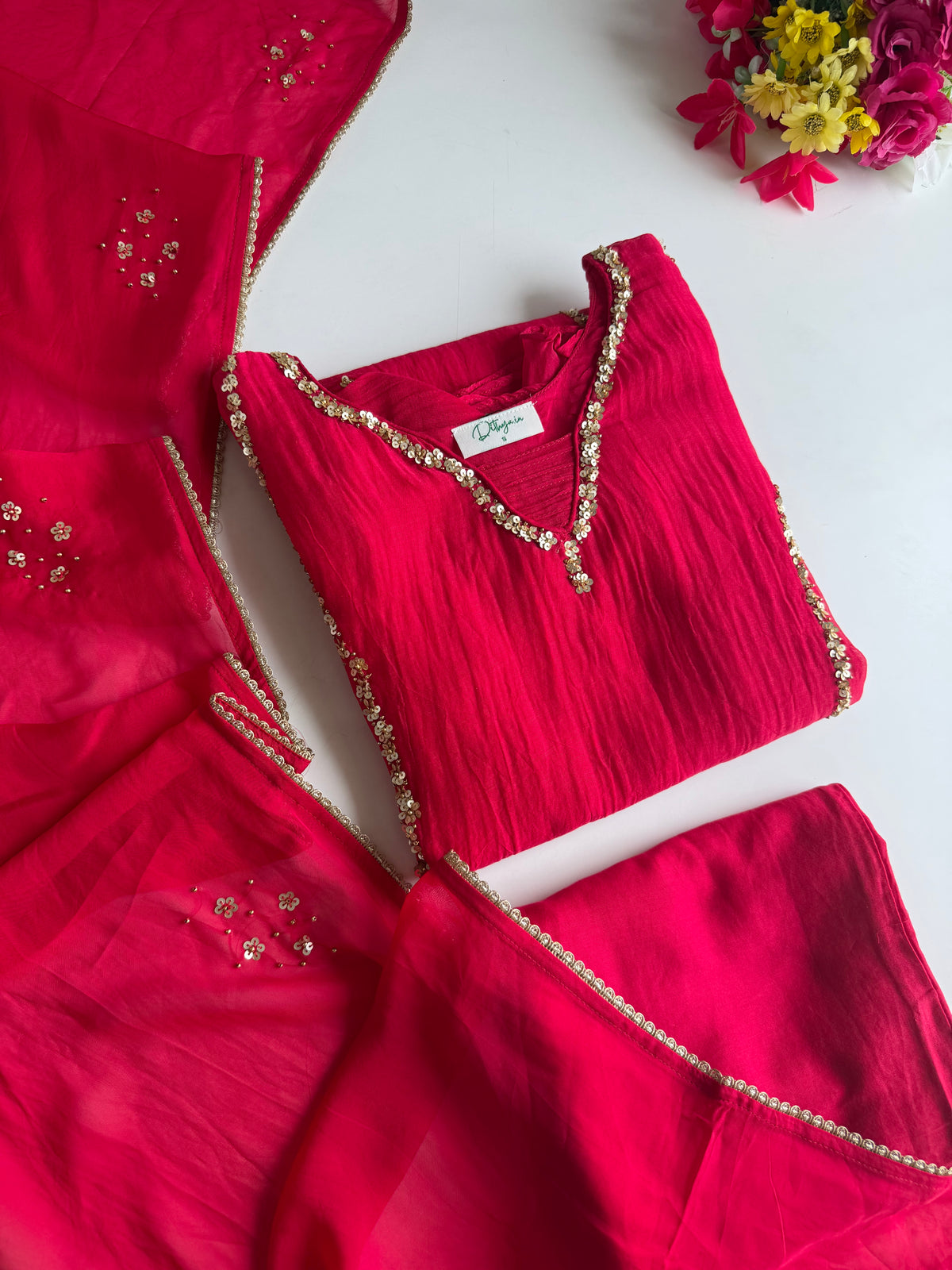 K406 - Banarasi Mul chanderi handwork aline Kurti with pants and dupatta