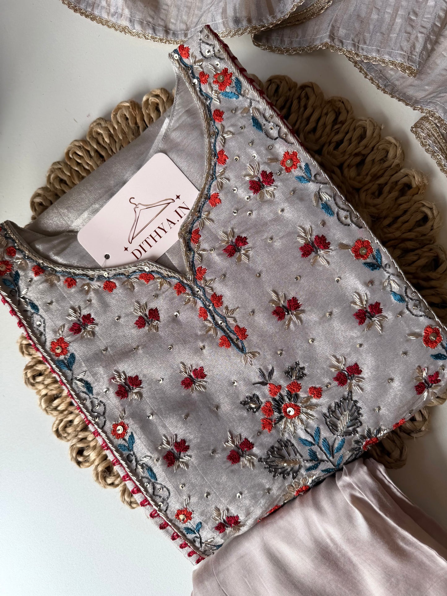 K588 - Kanjivaram Tissue silk Aline Kurti with pants and dupatta