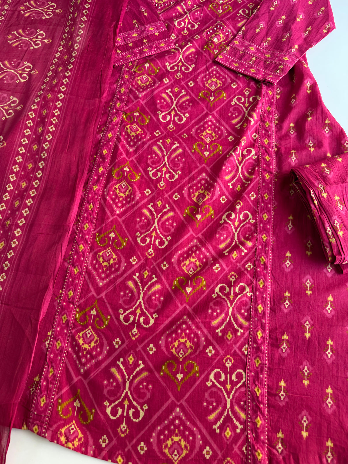 K728 - Mul cotton ikkat print embroidered Aline Kurti with pants and dupatta