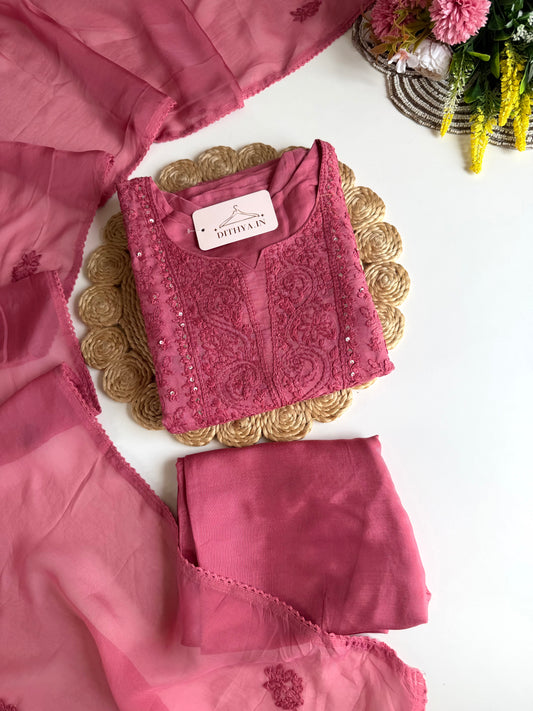 K654 - Viscose organza embroidered straight Kurti with pants and dupatta