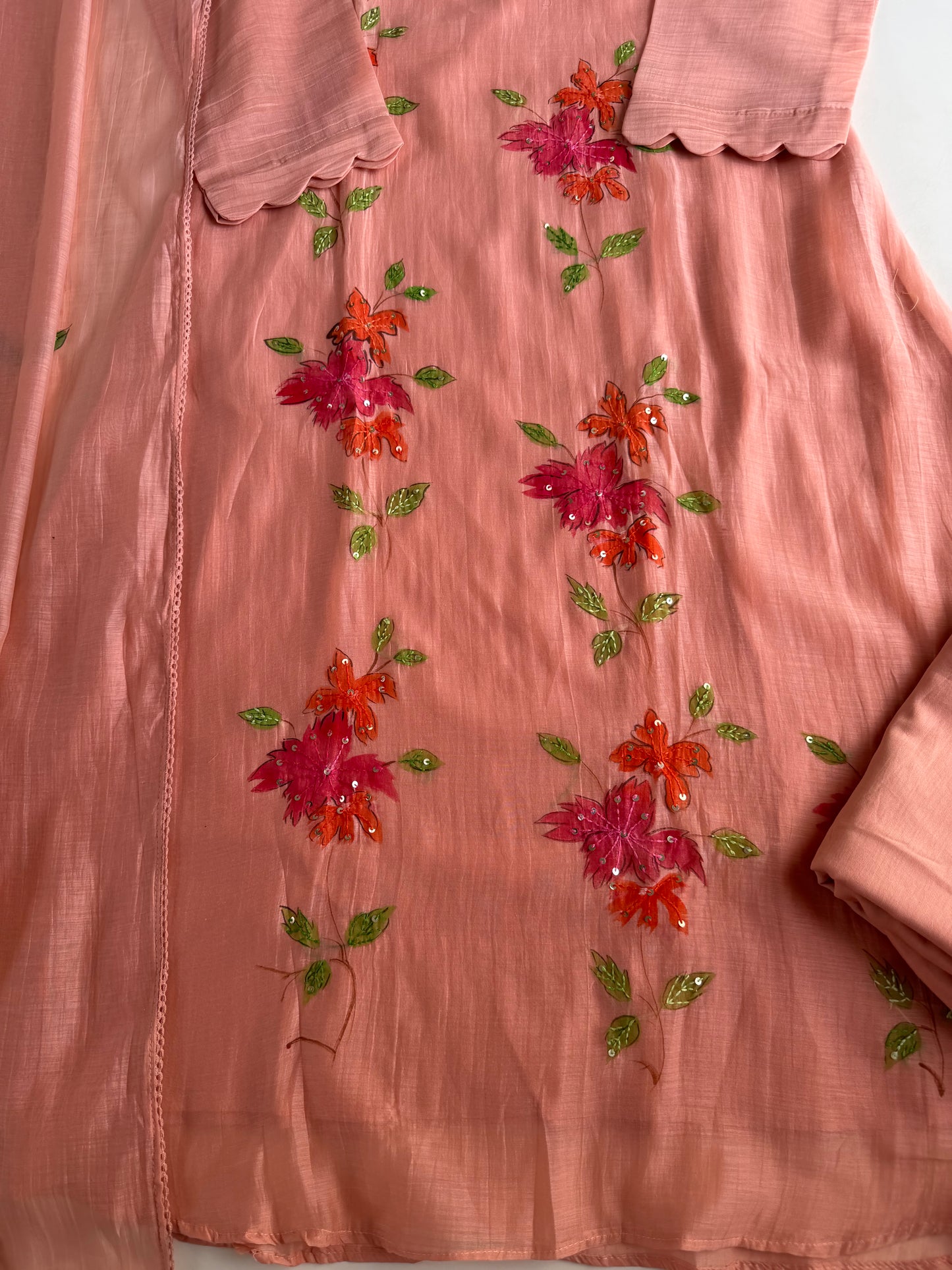 K355 - Mul Chanderi hand painted embroidered Aline Kurti with pants and dupatta in 3 colours