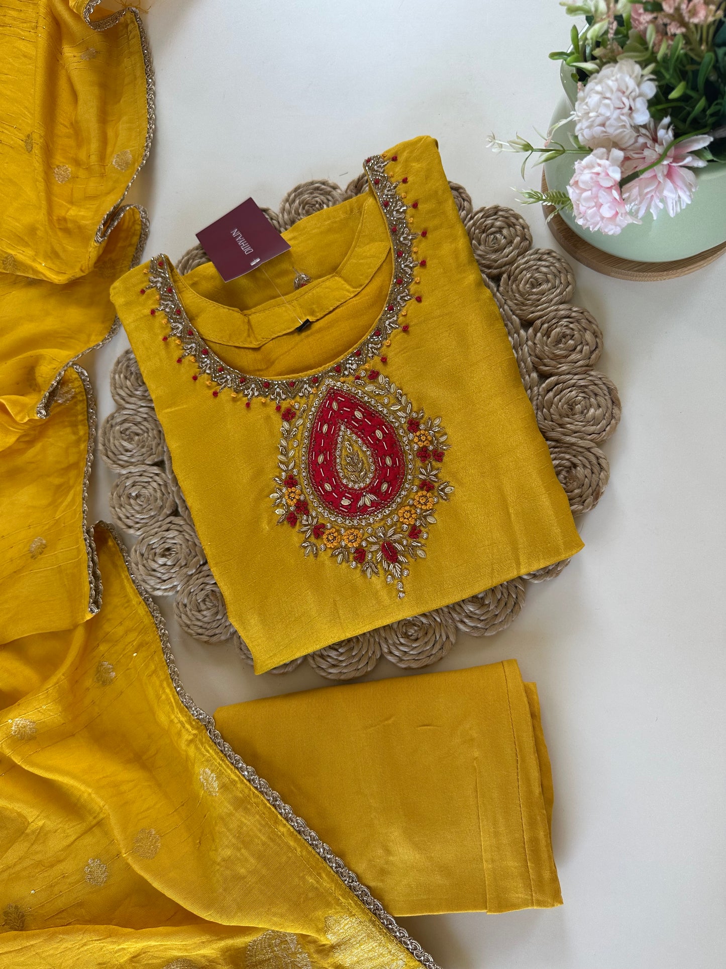 K177 - Dola silk handwork straight kurti with pants and dupatta in 2 colours .