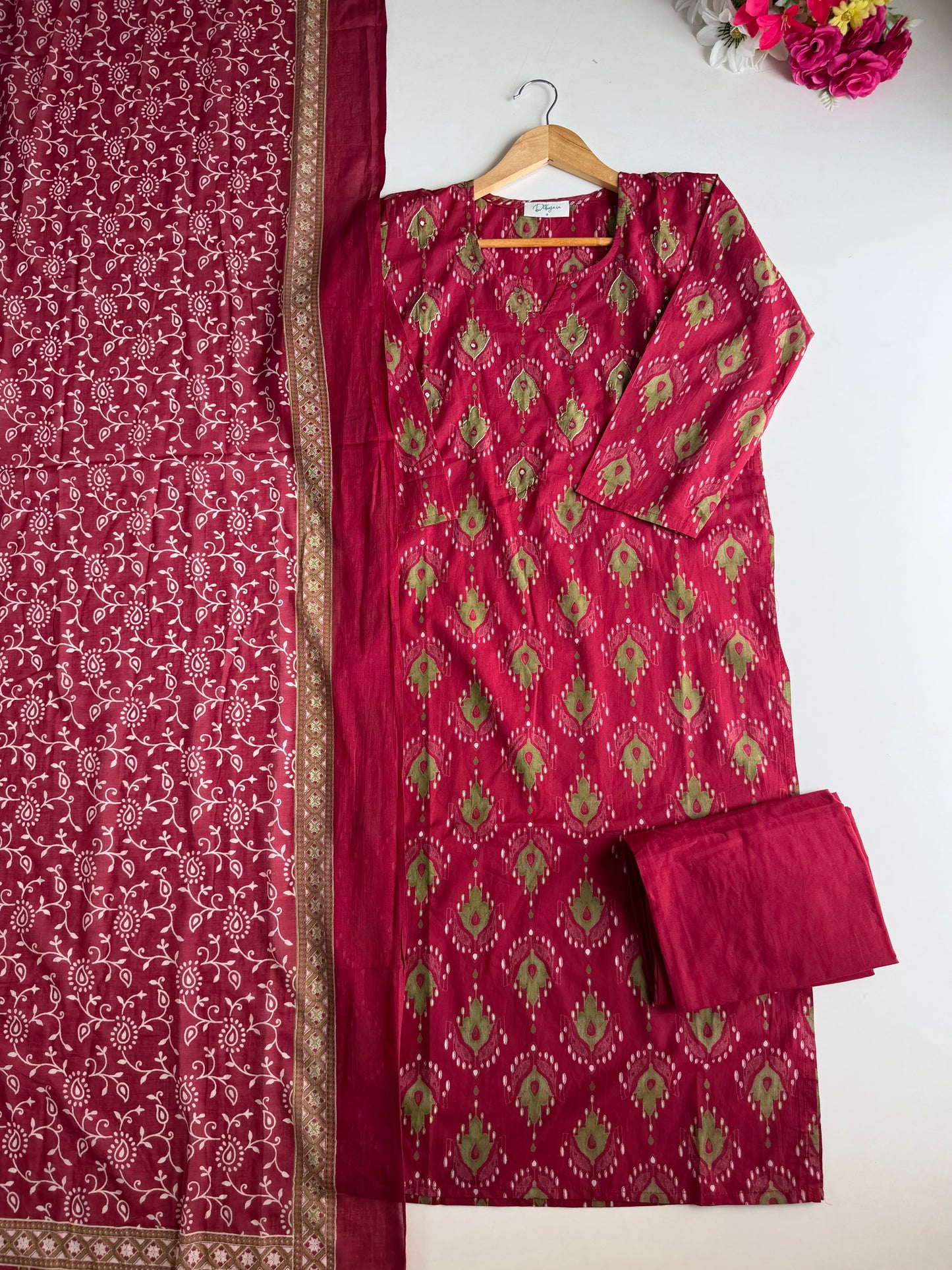 K220 - Mul cotton ajrakh mirror work straight Kurti with pants and dupatta