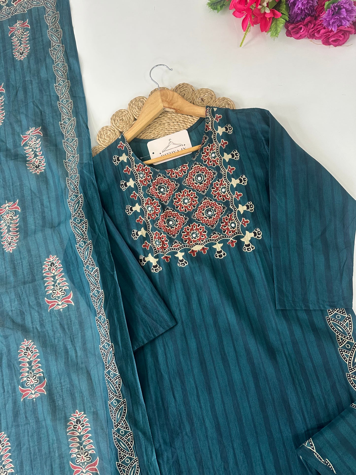 K100 - Mul cotton printed straight Kurti with pants and dupatta