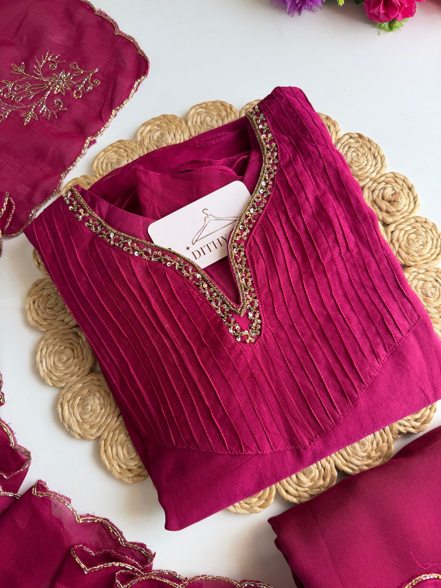 K295 - Mul chanderi handwork Aline Kurti with pants and dupatta