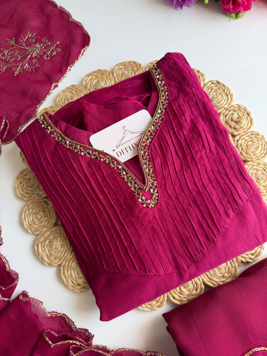 K295 - Mul chanderi handwork Aline Kurti with pants and dupatta
