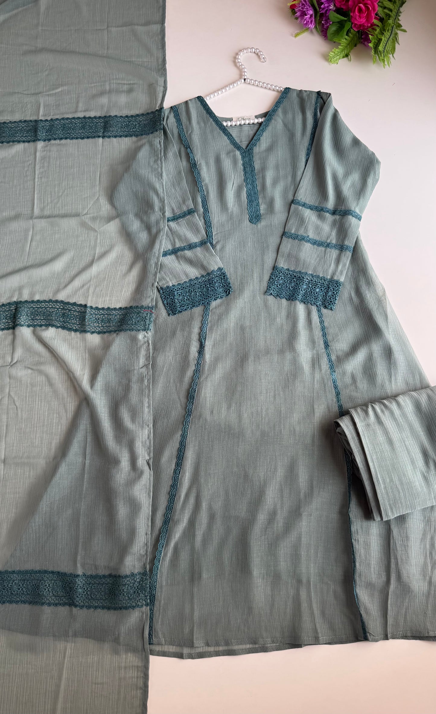 K515 - Crushed Mul cotton embroidered Aline Kurti with pants and dupatta in 2 colours
