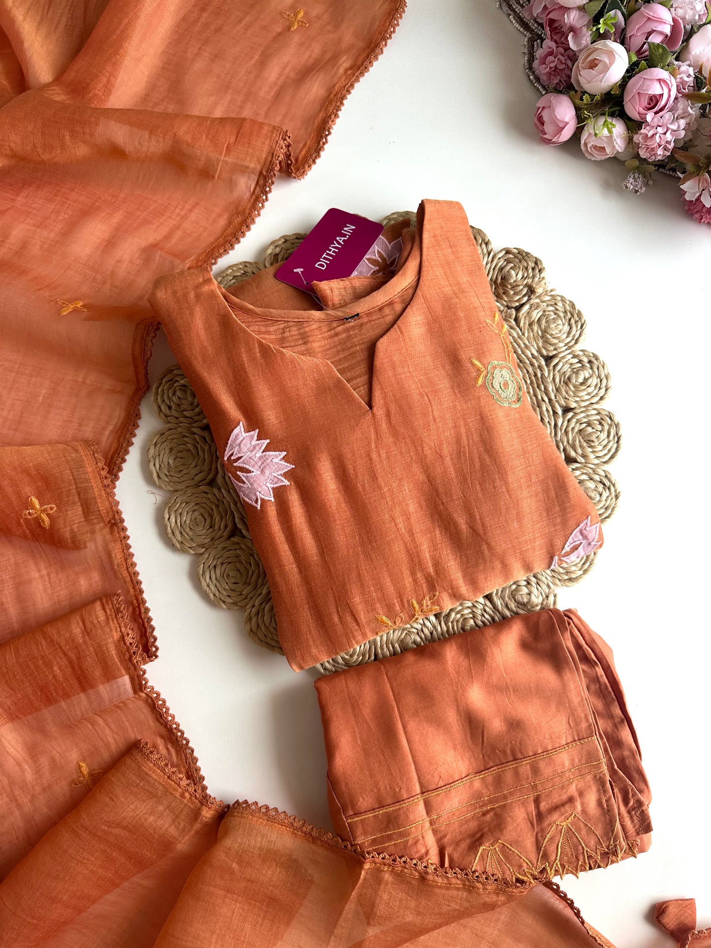 K425 - Mul Chanderi appliqué work Aline Kurti with pants and dupatta